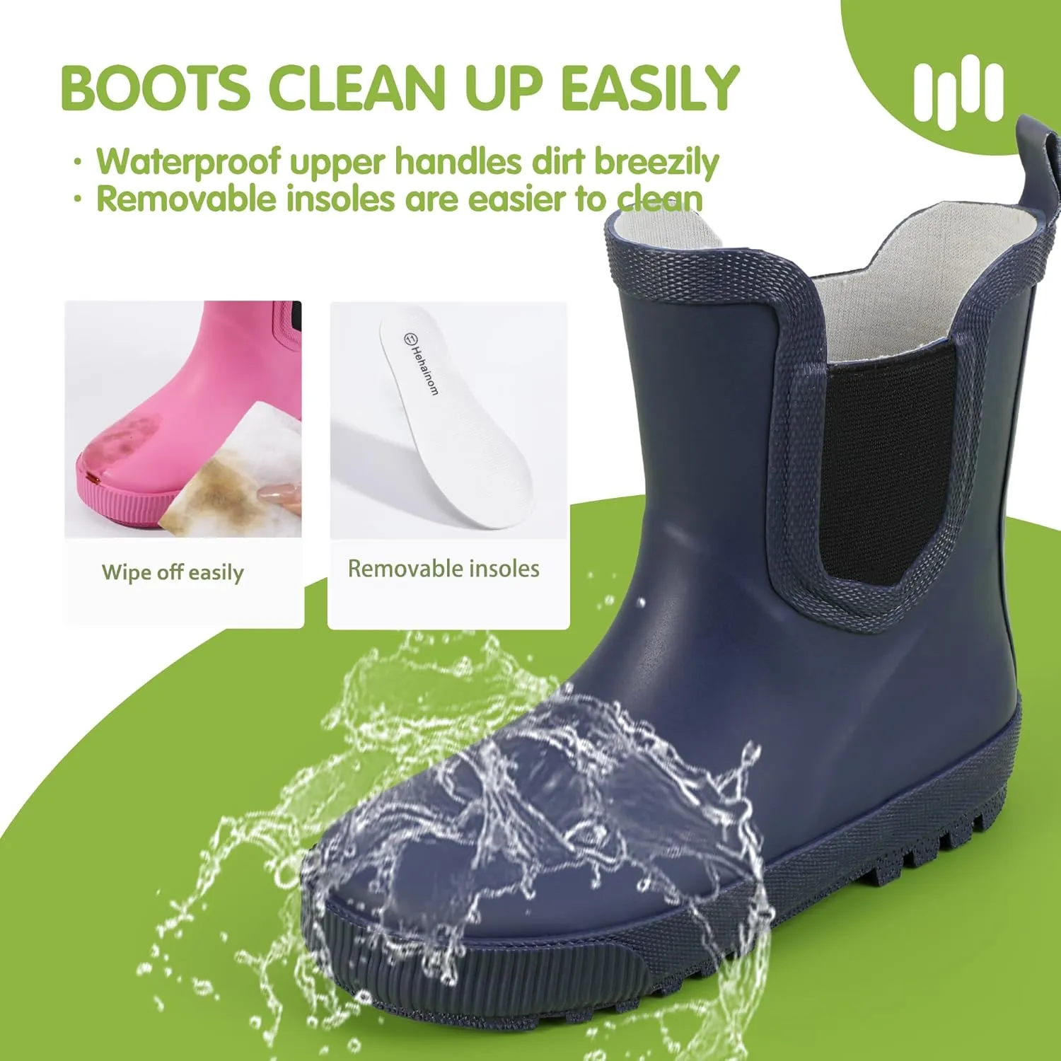 Hehainom Toddler Kids Rain Boots for Girls Boys Waterproof Rainboots Easy-on Light Weight Chelsea Rain Shoes