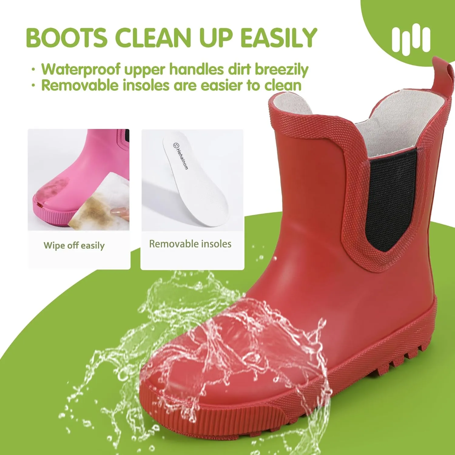 Hehainom Toddler Kids Rain Boots for Girls Boys Waterproof Rainboots Easy-on Light Weight Chelsea Rain Shoes