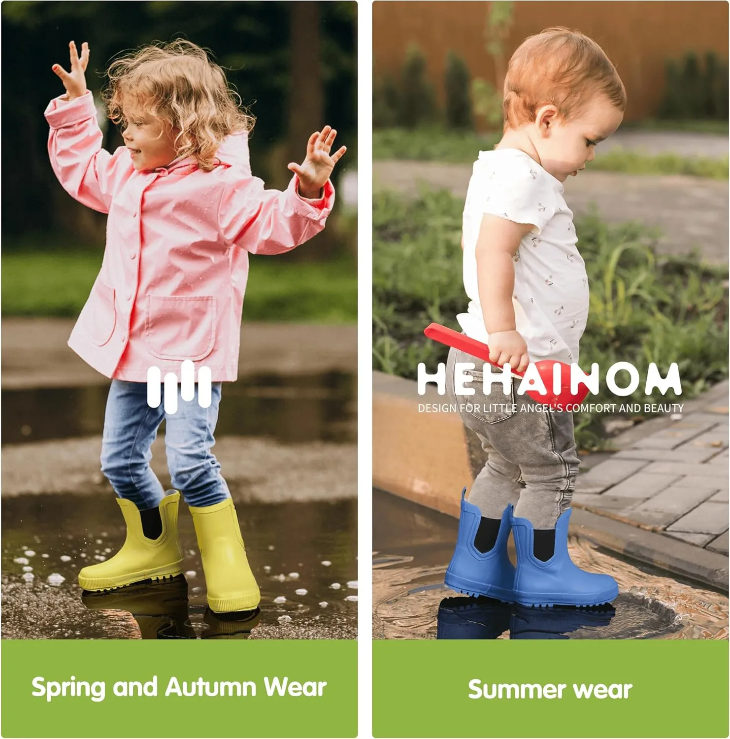 Hehainom Toddler Kids Rain Boots for Girls Boys Waterproof Rainboots Easy-on Light Weight Chelsea Rain Shoes
