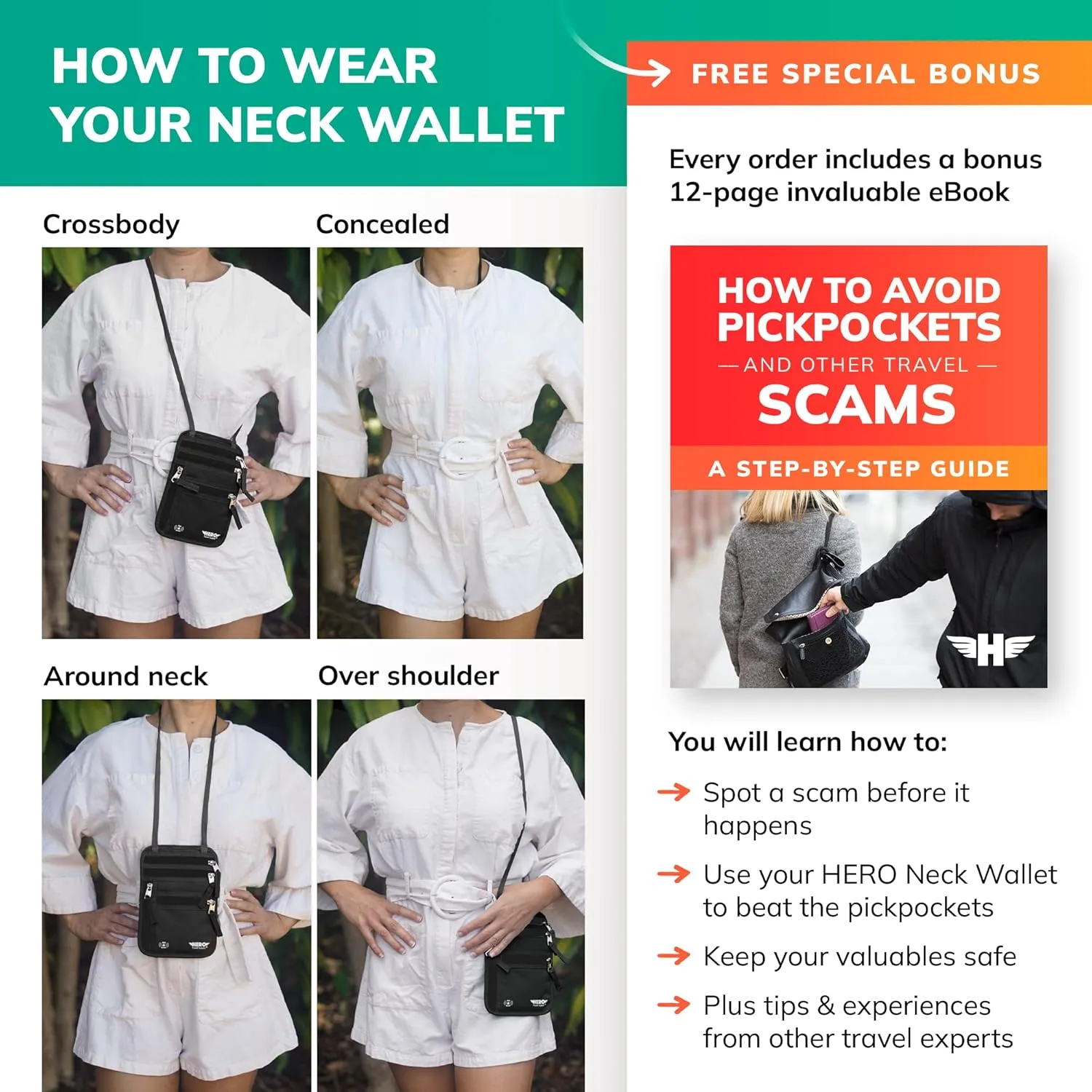 HERO Neck Wallet, RFID Blocking Passport Holder - Easy to Conceal and Pouch
