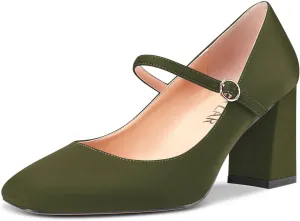 HEUIVZAR Women Mary Jane Pumps Square Toe Block Chunky Mid Heel Slip-on Dress Shoes Wedding Satin 3 Inch