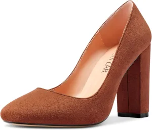 HEUIVZAR Women Pumps Pointed Toe Block Chunky High Heel Slip-on Dress Shoes Suede 4 Inch