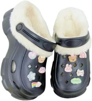 Hhhchpm Solid Color Thermal Lined Clogs, Slip On Soft Sole Platform Non-Slip Fuzzy Shoes, Winter Plush Closed Toe Shoes
