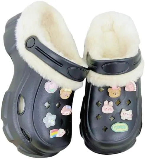 Hhhchpm Solid Color Thermal Lined Clogs, Slip On Soft Sole Platform Non-Slip Fuzzy Shoes, Winter Plush Closed Toe Shoes