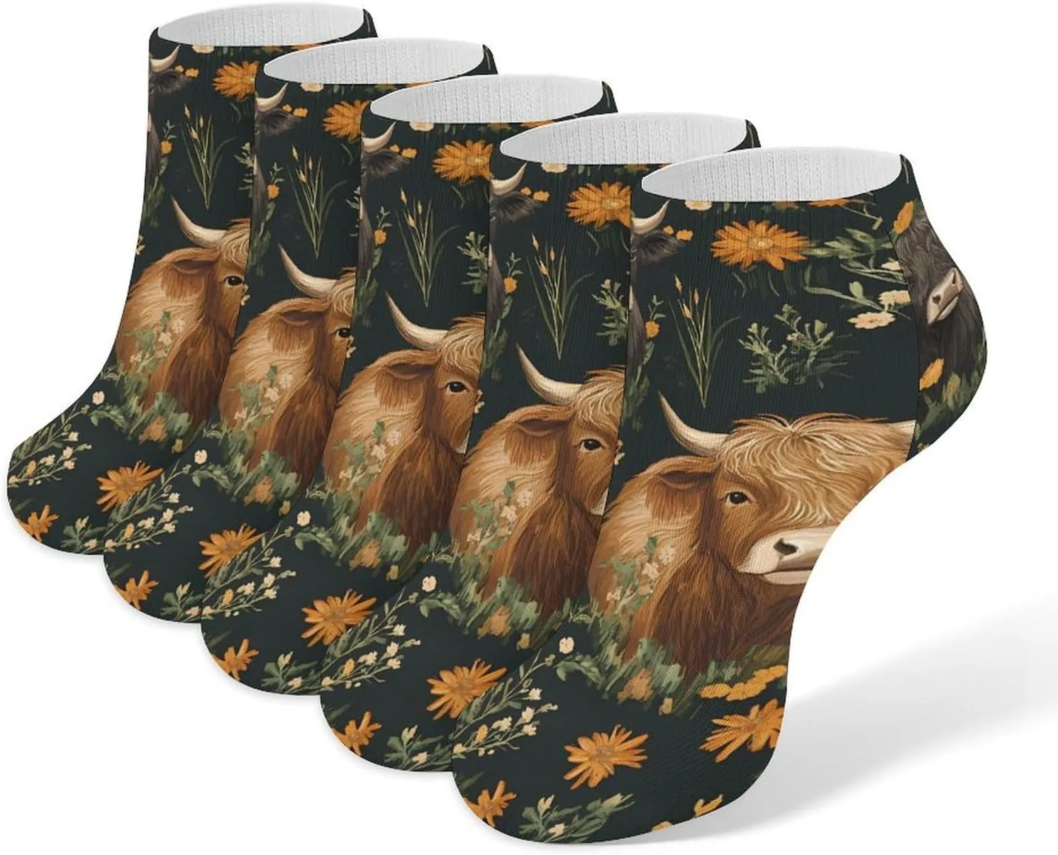Highland Cows And Flowers Ankle No Show Socks Soft Loafer Socks Low Cut Non Slip Flat Sock 5 PC