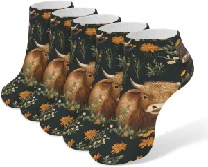 Highland Cows And Flowers Ankle No Show Socks Soft Loafer Socks Low Cut Non Slip Flat Sock 5 PC