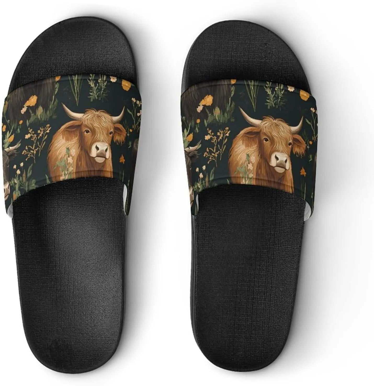 Highland Cows And Flowers Shower Sandals Home Slippers Non-Slip Quick Drying Beach Bathroom Slipper