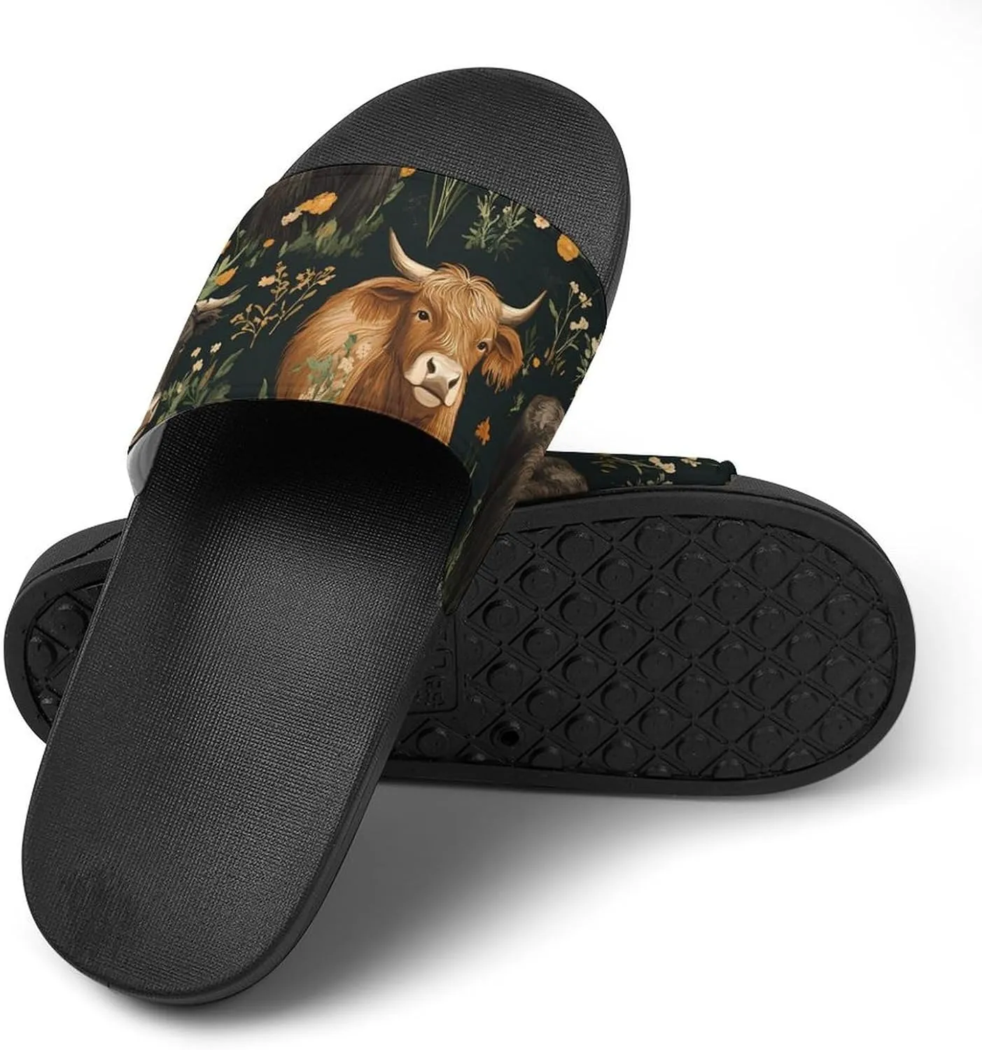 Highland Cows And Flowers Shower Sandals Home Slippers Non-Slip Quick Drying Beach Bathroom Slipper