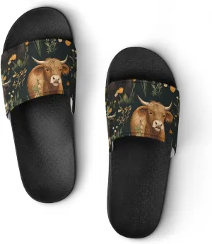 Highland Cows And Flowers Shower Sandals Home Slippers Non-Slip Quick Drying Beach Bathroom Slipper