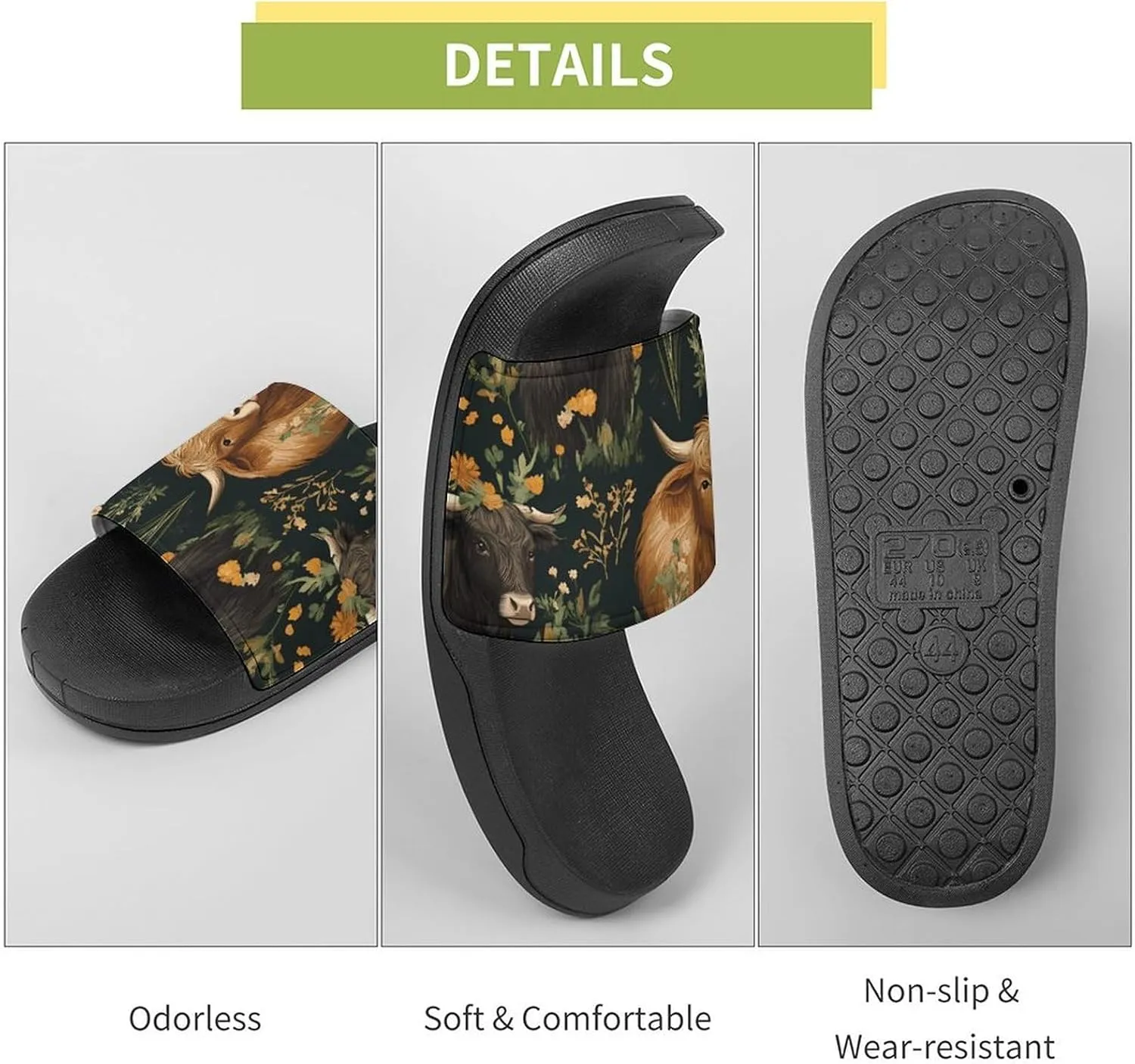 Highland Cows And Flowers Shower Sandals Home Slippers Non-Slip Quick Drying Beach Bathroom Slipper