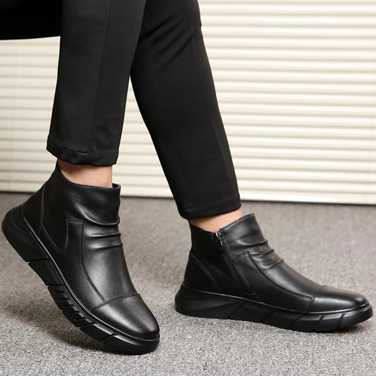 Hiking Boots Men's Black Leather Ankle Boots with Rugged Outsole Slip-On 10 inches