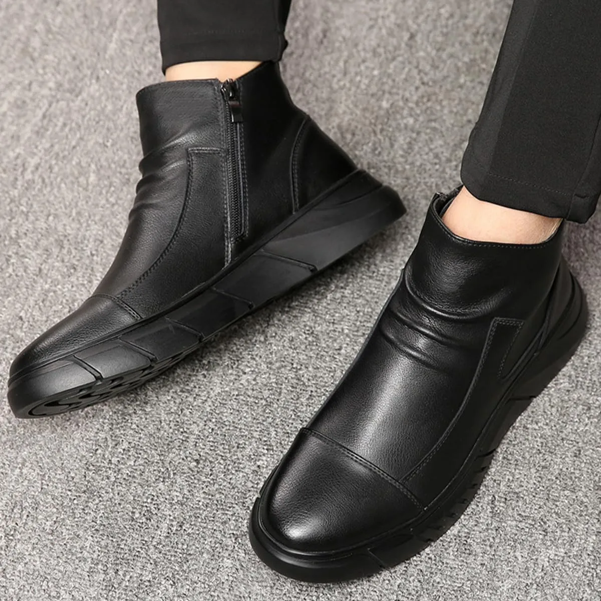 Hiking Boots Men's Black Leather Ankle Boots with Rugged Outsole Slip-On 10 inches