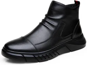 Hiking Boots Men's Black Leather Ankle Boots with Rugged Outsole Slip-On 10 inches