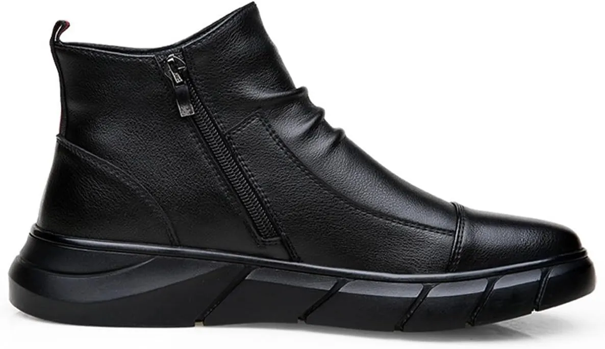 Hiking Boots Men's Black Leather Ankle Boots with Rugged Outsole Slip-On 10 inches