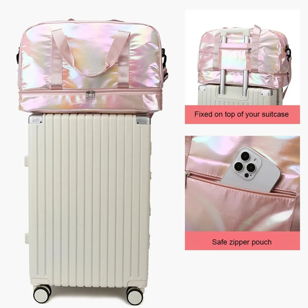 Holographic Shimmering Gym Duffle Bag with Shoes Compartment & Wet Pocket, Women Weekend Overnight Travel Bag Gymnastic Dance Bag for Girl (blue)