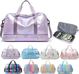 Holographic Shimmering Gym Duffle Bag with Shoes Compartment & Wet Pocket, Women Weekend Overnight Travel Bag Gymnastic Dance Bag for Girl (purple)
