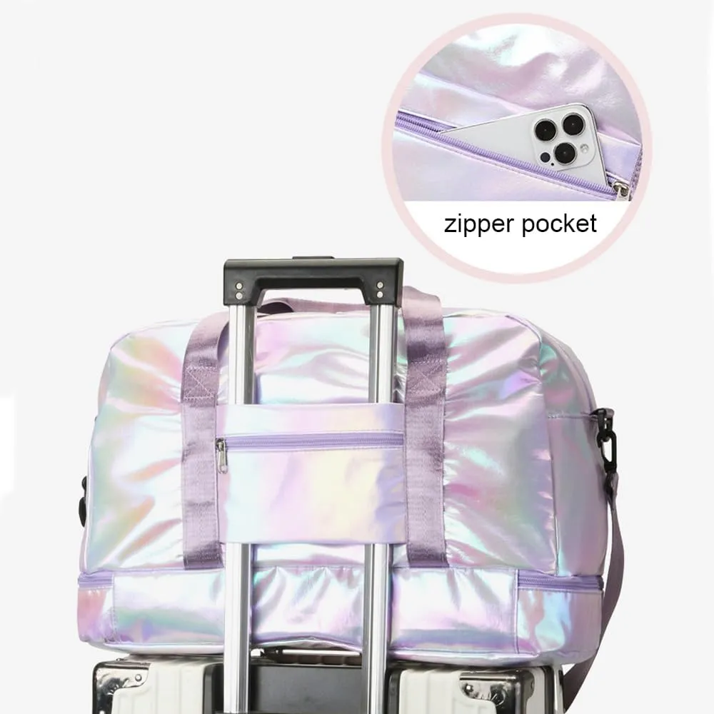 Holographic Shimmering Gym Duffle Bag with Shoes Compartment & Wet Pocket, Women Weekend Overnight Travel Bag Gymnastic Dance Bag for Girl (purple)