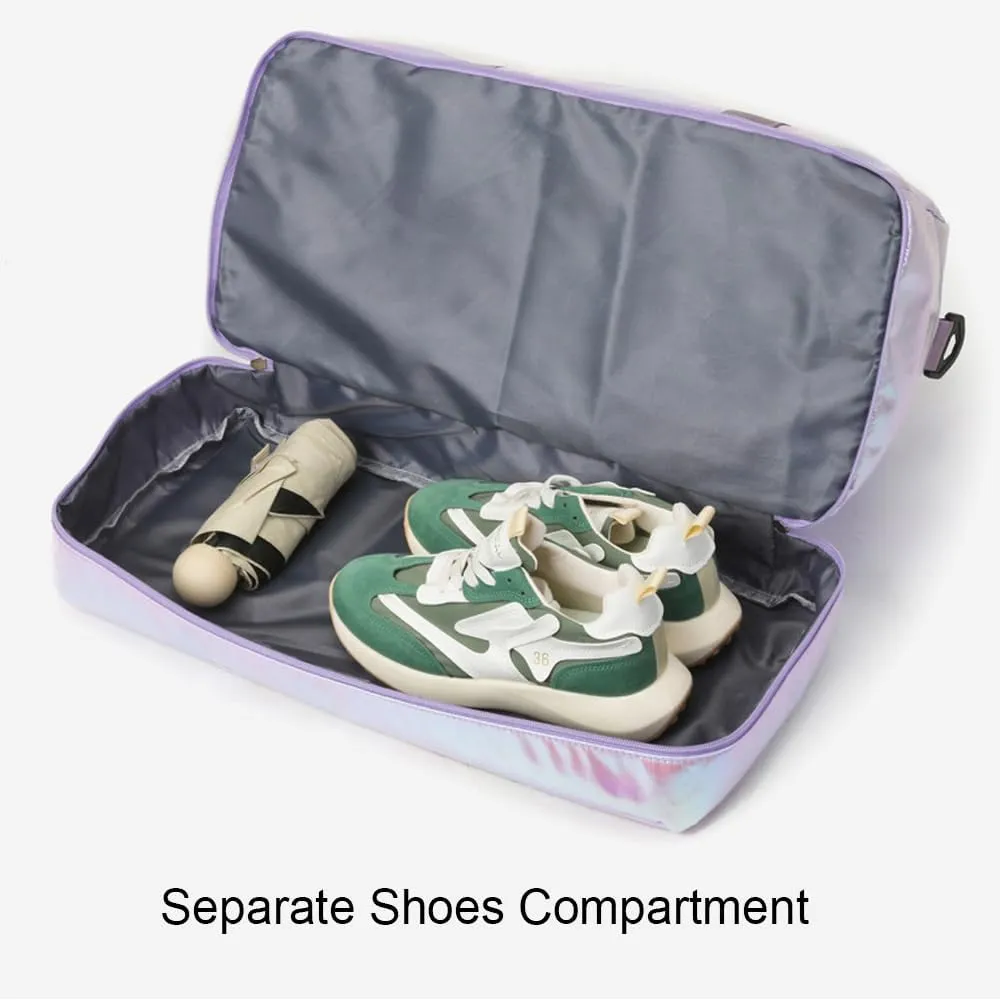 Holographic Shimmering Gym Duffle Bag with Shoes Compartment & Wet Pocket, Women Weekend Overnight Travel Bag Gymnastic Dance Bag for Girl (purple)