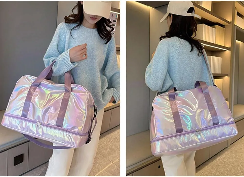 Holographic Shimmering Gym Duffle Bag with Shoes Compartment & Wet Pocket, Women Weekend Overnight Travel Bag Gymnastic Dance Bag for Girl (purple)