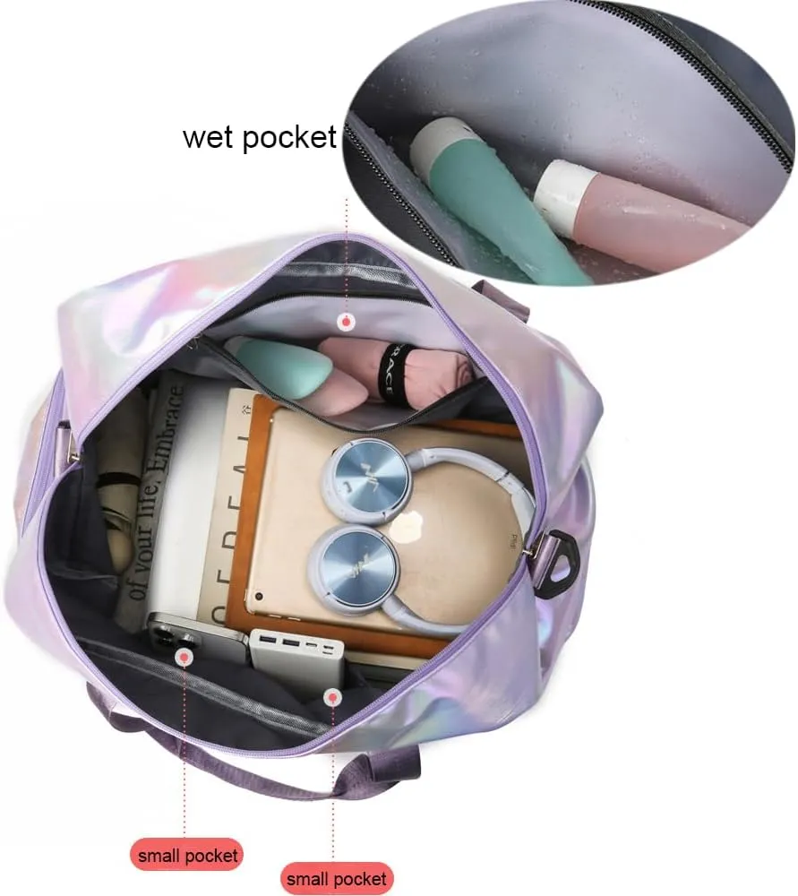 Holographic Shimmering Gym Duffle Bag with Shoes Compartment & Wet Pocket, Women Weekend Overnight Travel Bag Gymnastic Dance Bag for Girl (purple)