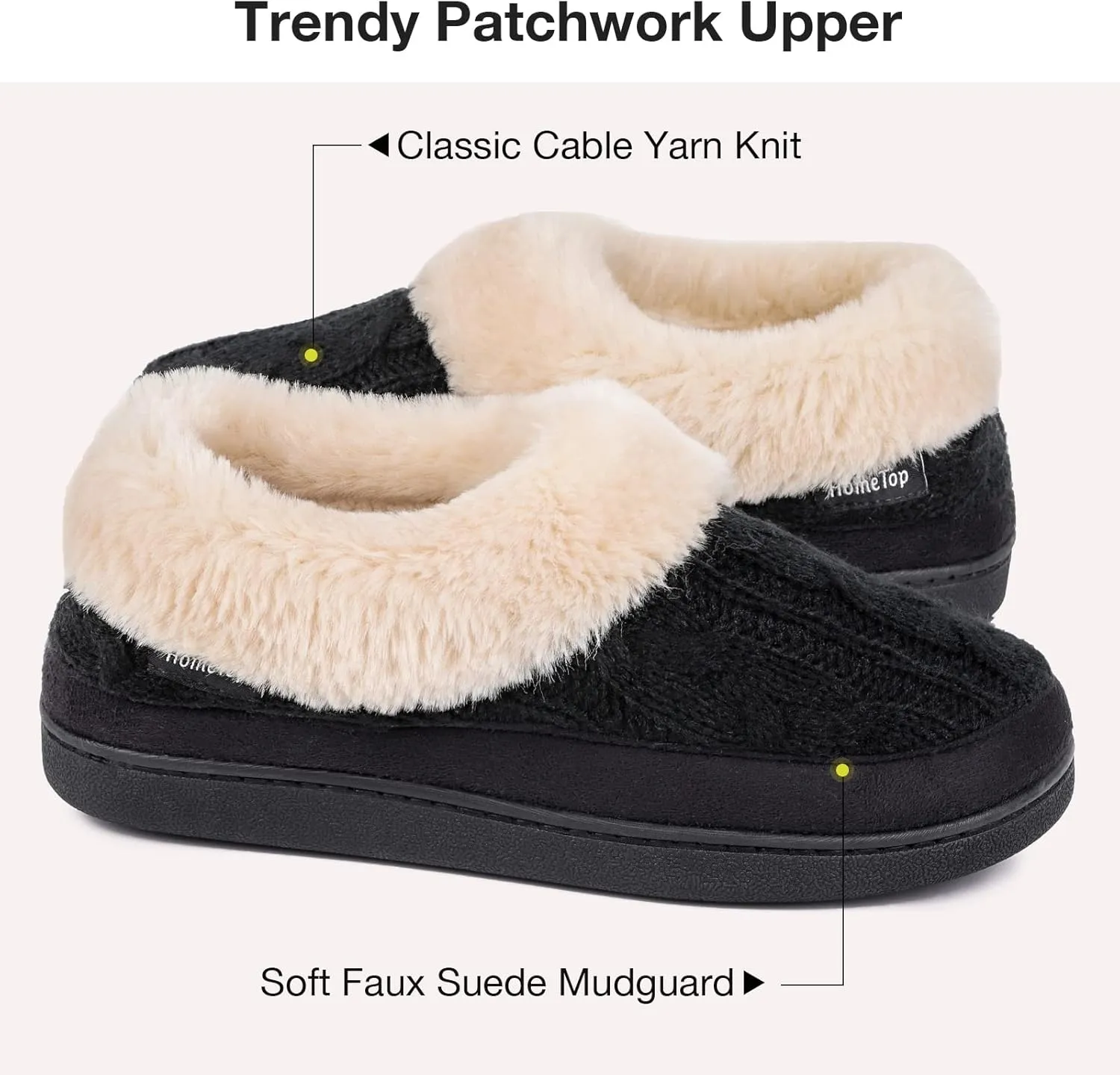HomeTop Women's Knitted Clog Slippers Comfy Warm Memory Foam Non-slip Indoor House Shoes with Fuzzy Collar