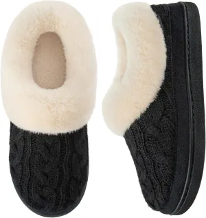 HomeTop Women's Knitted Clog Slippers Comfy Warm Memory Foam Non-slip Indoor House Shoes with Fuzzy Collar