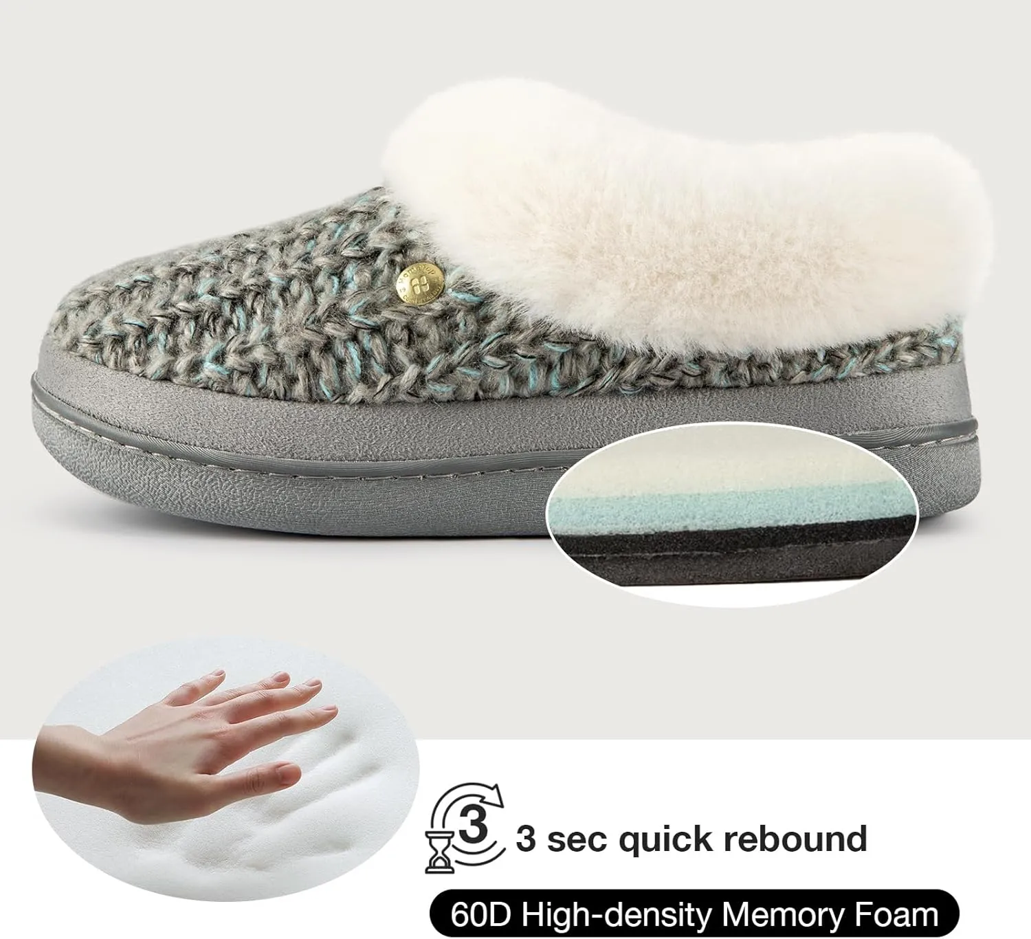 HomeTop Women's Knitted Clog Slippers Comfy Warm Memory Foam Non-slip Indoor House Shoes with Fuzzy Collar