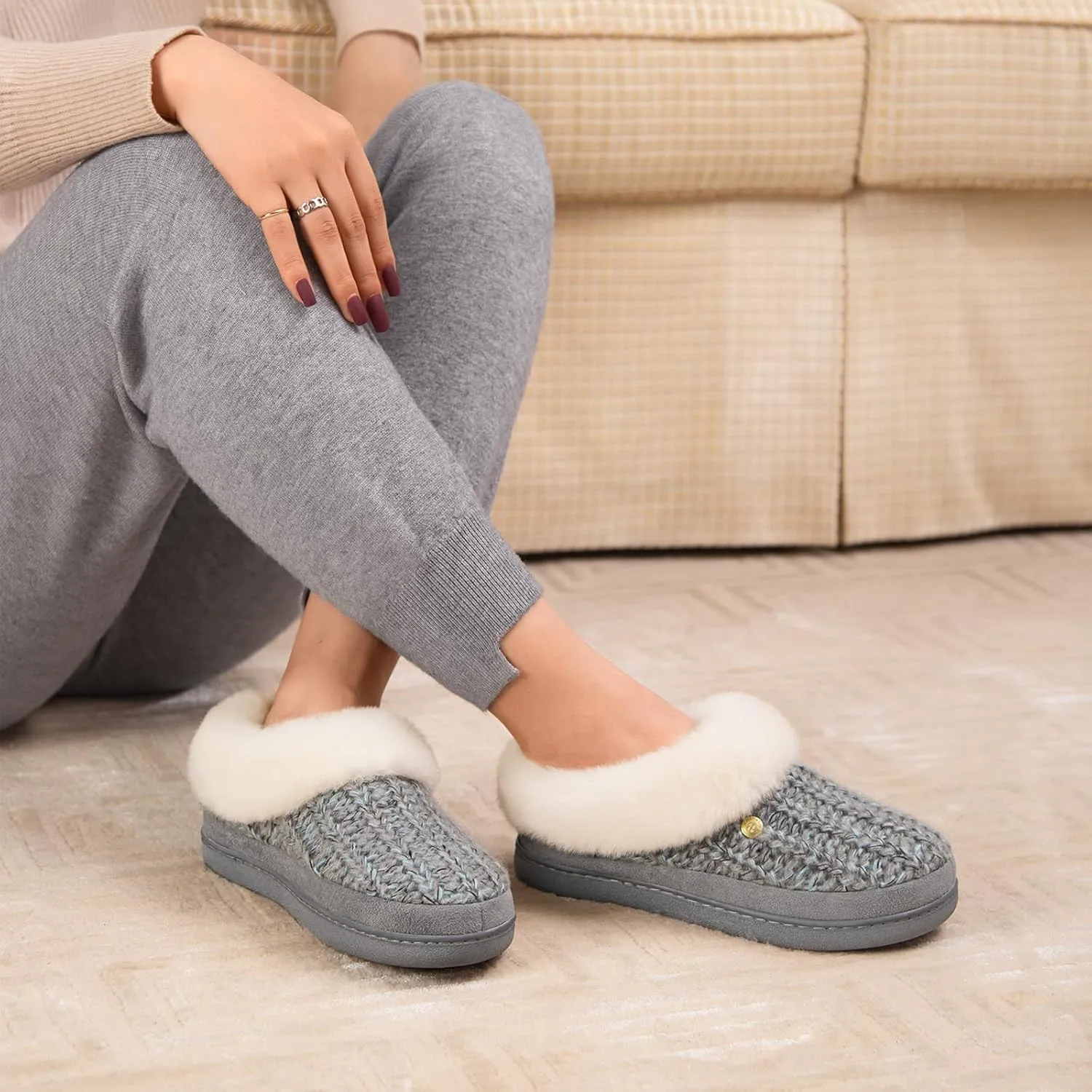 HomeTop Women's Knitted Clog Slippers Comfy Warm Memory Foam Non-slip Indoor House Shoes with Fuzzy Collar