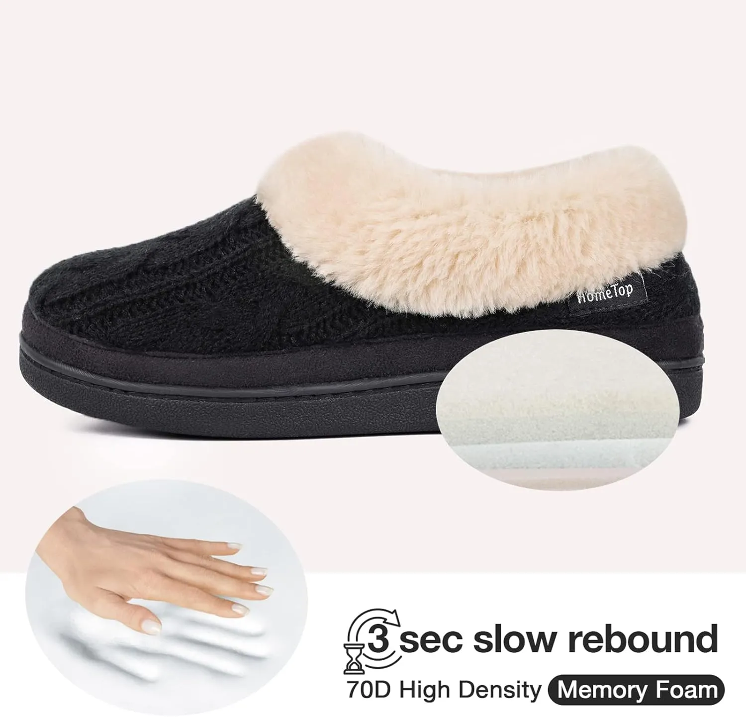HomeTop Women's Knitted Clog Slippers Comfy Warm Memory Foam Non-slip Indoor House Shoes with Fuzzy Collar