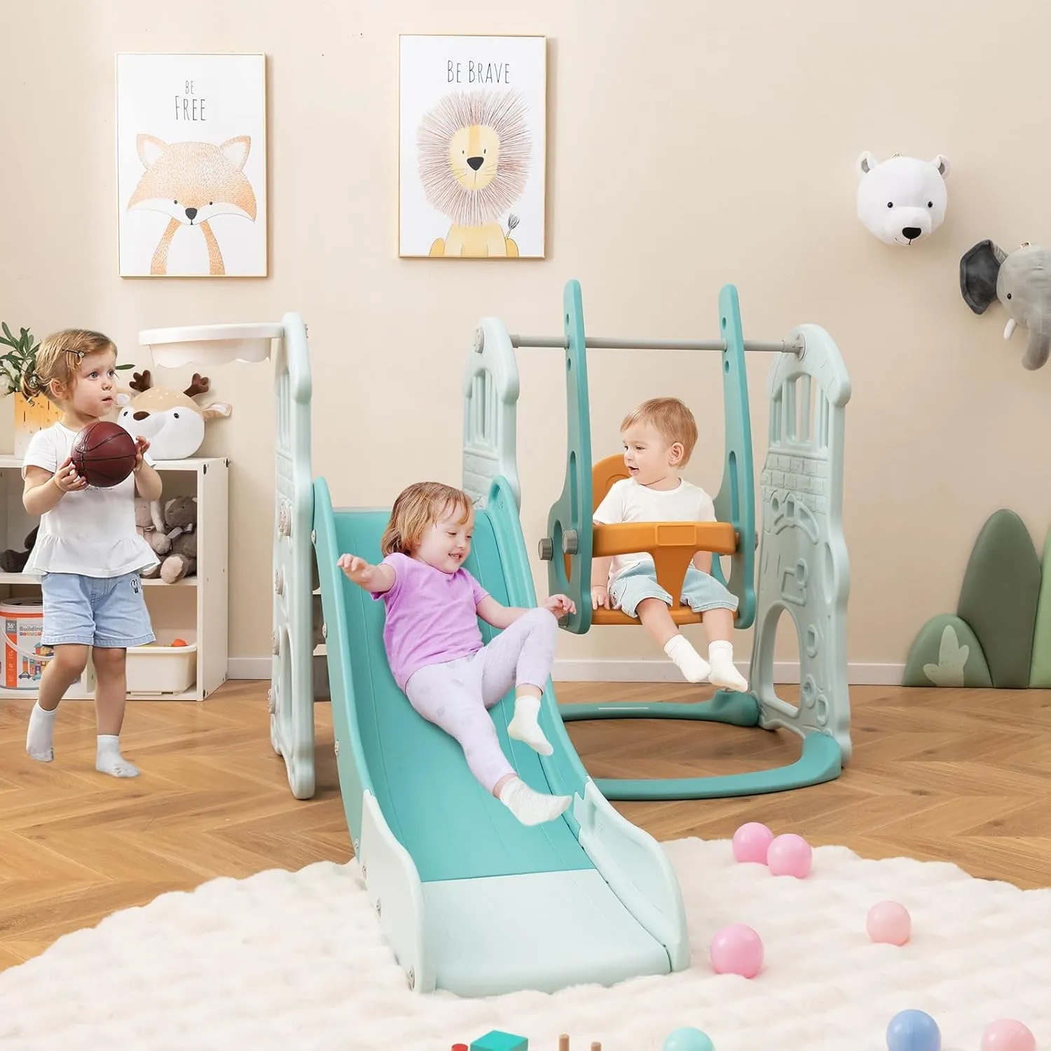 HONEY JOY 4 in 1 Toddler Slide and Swing Set, Indoor Outdoor Castle Playset Gym with Baby Swing, Basketball Hoop, Ball, Kids Climber Play Set for Boys Girls, Playground Backyard Gifts, Green
