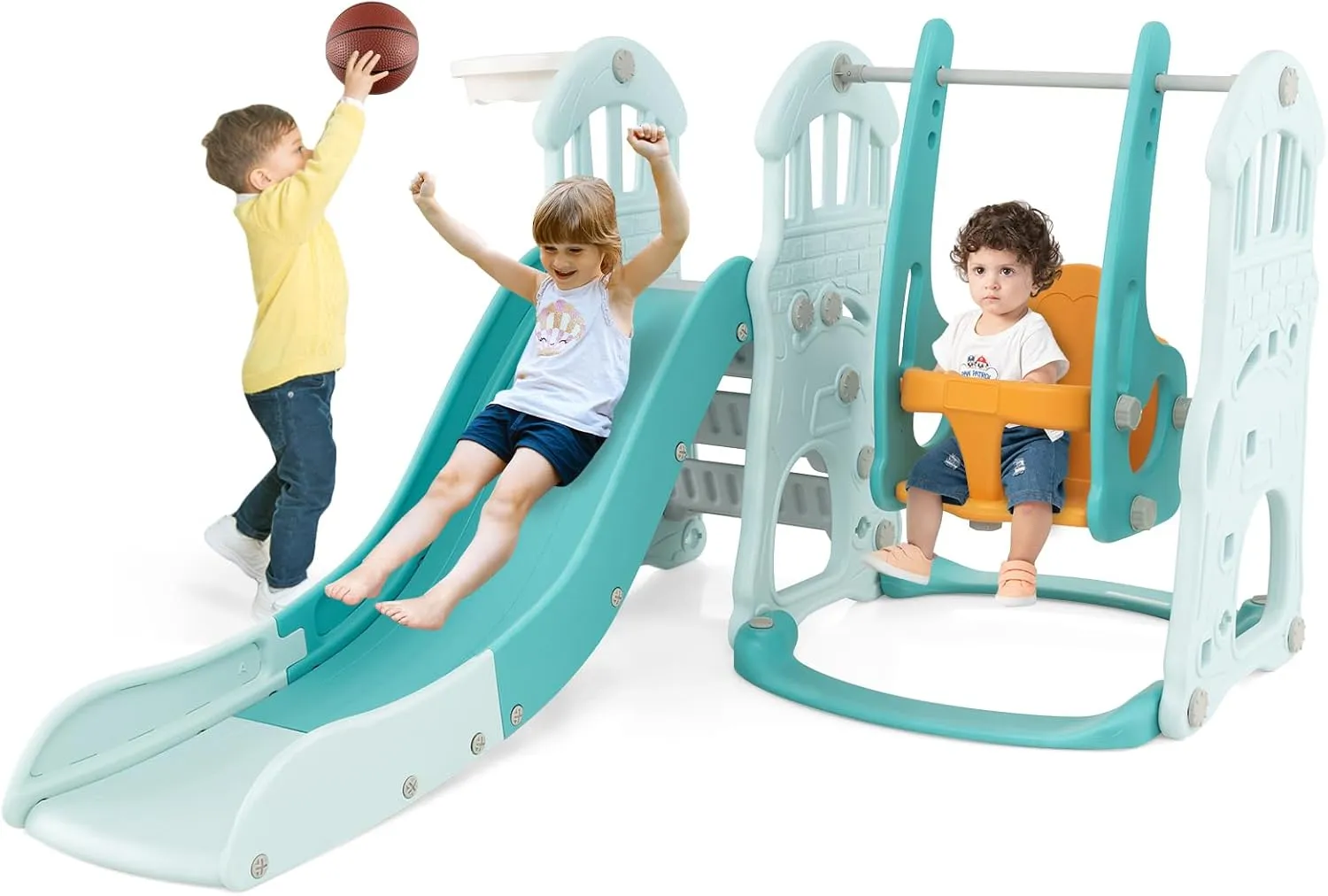 HONEY JOY 4 in 1 Toddler Slide and Swing Set, Indoor Outdoor Castle Playset Gym with Baby Swing, Basketball Hoop, Ball, Kids Climber Play Set for Boys Girls, Playground Backyard Gifts, Green