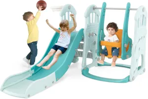 HONEY JOY 4 in 1 Toddler Slide and Swing Set, Indoor Outdoor Castle Playset Gym with Baby Swing, Basketball Hoop, Ball, Kids Climber Play Set for Boys Girls, Playground Backyard Gifts, Green
