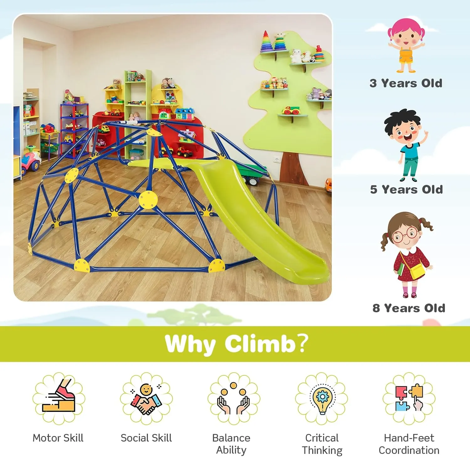 HONEY JOY Climbing Dome with Slide, 8FT Jungle Gym Monkey Bar for Backyard, Outdoor Climbing Toys for Toddlers Playground Equipment, Geometric Dome Climber for Kids Age 3-8, Gift for Boys Girls