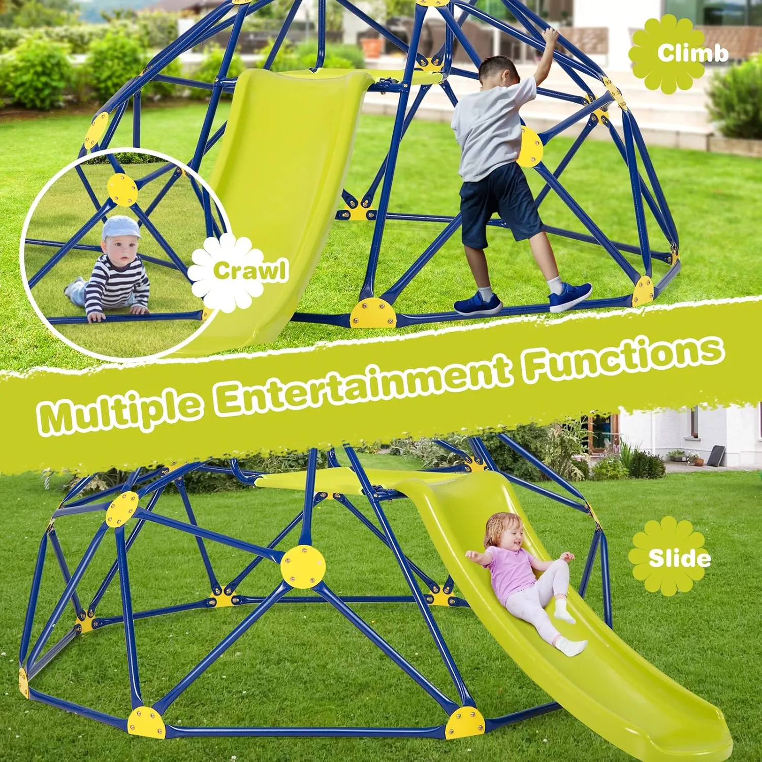 HONEY JOY Climbing Dome with Slide, 8FT Jungle Gym Monkey Bar for Backyard, Outdoor Climbing Toys for Toddlers Playground Equipment, Geometric Dome Climber for Kids Age 3-8, Gift for Boys Girls