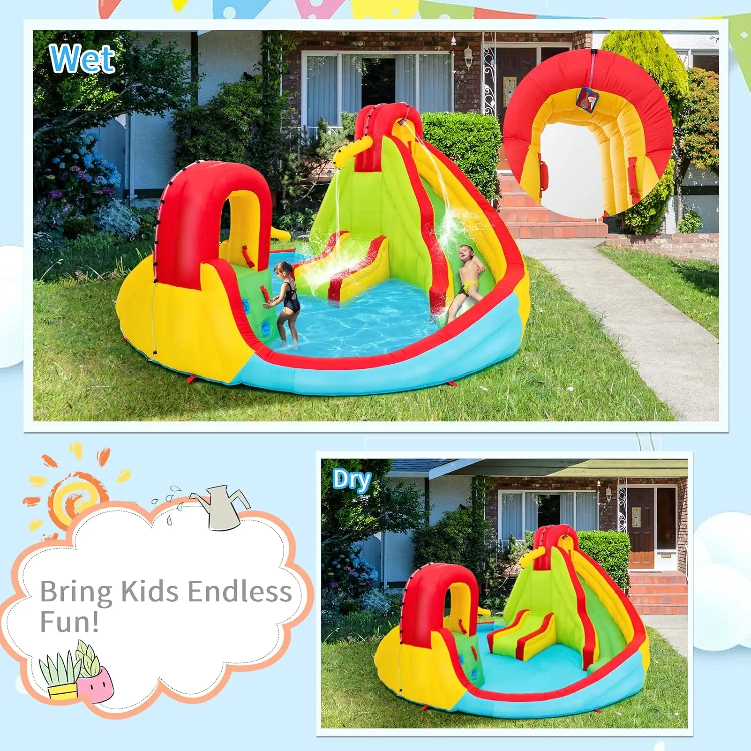 HONEY JOY Inflatable Water Slide, 7 in 1 Bouncy Inflatable Water Park w/Two Slides, Climbing Wall & Splash Pool, Hose, Water Cannons, Indoor Outdoor Blow Up Waterslides for Backyard(with 480w Blower)