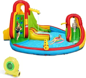 HONEY JOY Inflatable Water Slide, 7 in 1 Bouncy Inflatable Water Park w/Two Slides, Climbing Wall & Splash Pool, Hose, Water Cannons, Indoor Outdoor Blow Up Waterslides for Backyard(with 480w Blower)
