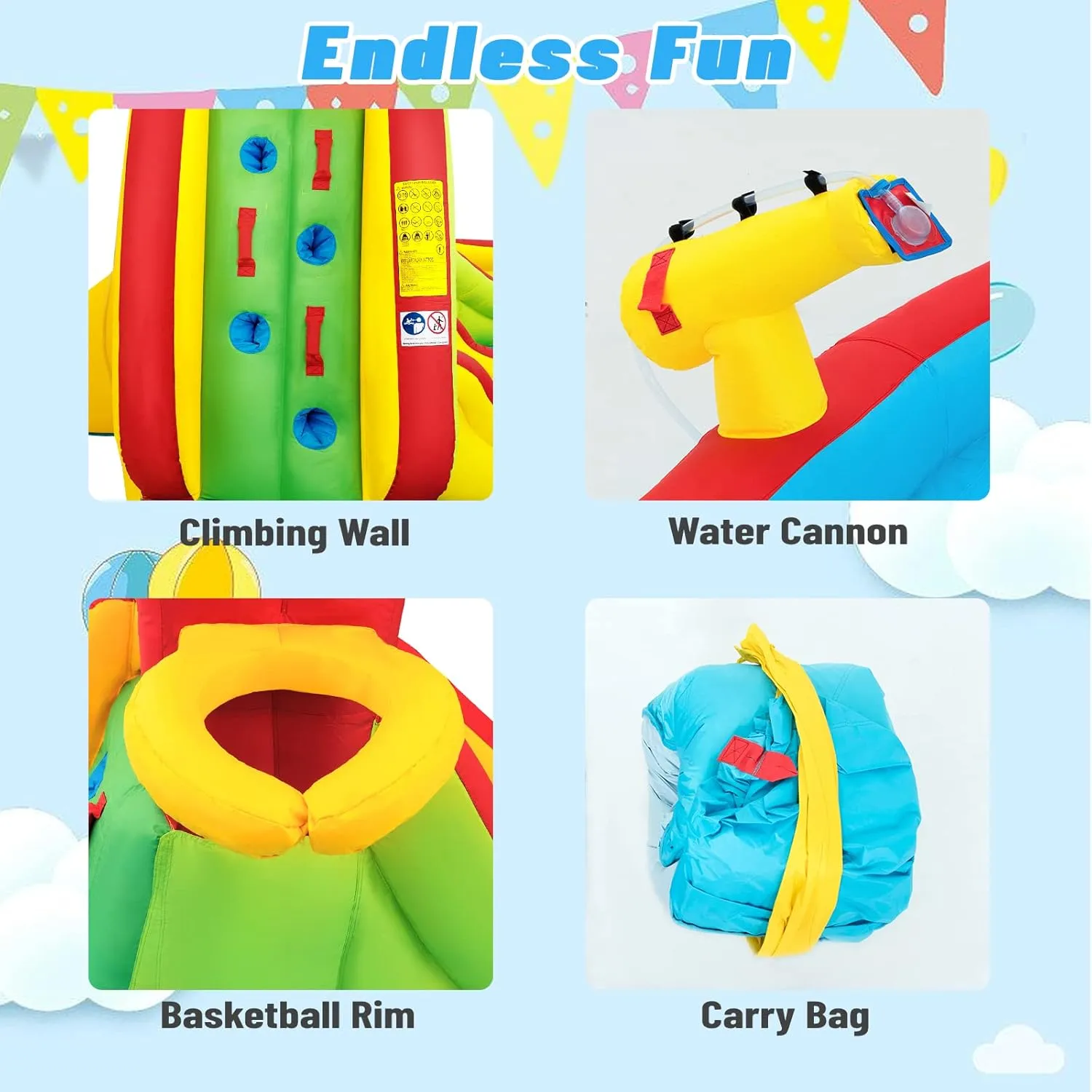 HONEY JOY Inflatable Water Slide, 7 in 1 Bouncy Inflatable Water Park w/Two Slides, Climbing Wall & Splash Pool, Hose, Water Cannons, Indoor Outdoor Blow Up Waterslides for Backyard(with 480w Blower)