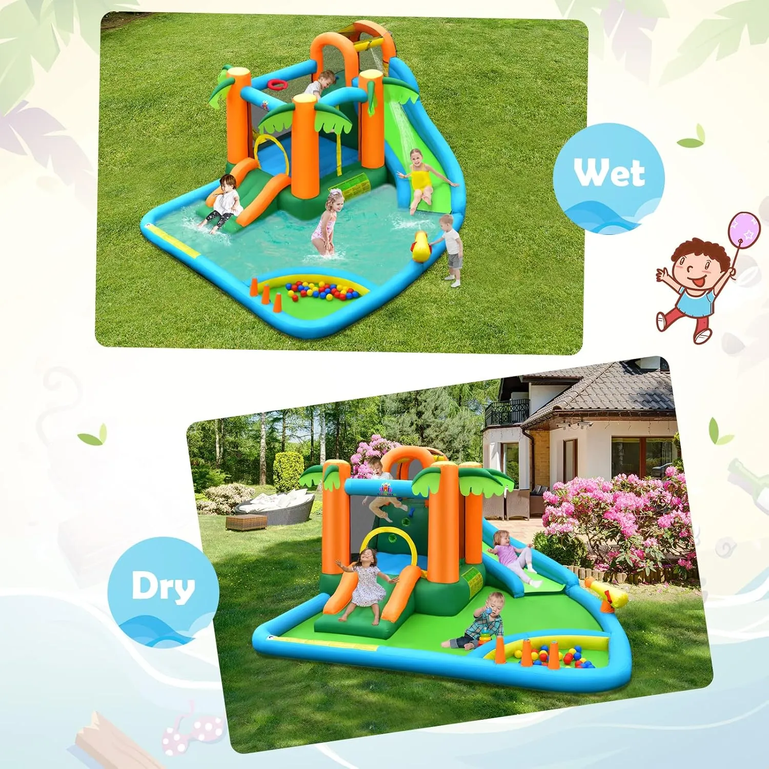 HONEY JOY Inflatable Water Slide, 7 in 1 Giant Water Park Bouncy House for Outdoor Backyard, Climbing Wall, Jungle Outdoor Blow up Water Slides Inflatables for Kids and Adults(Without Blower)