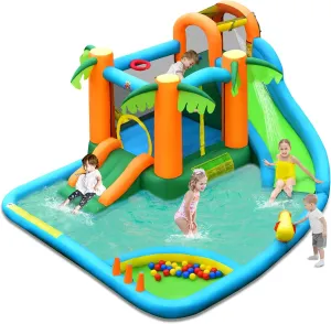 HONEY JOY Inflatable Water Slide, 7 in 1 Giant Water Park Bouncy House for Outdoor Backyard, Climbing Wall, Jungle Outdoor Blow up Water Slides Inflatables for Kids and Adults(Without Blower)