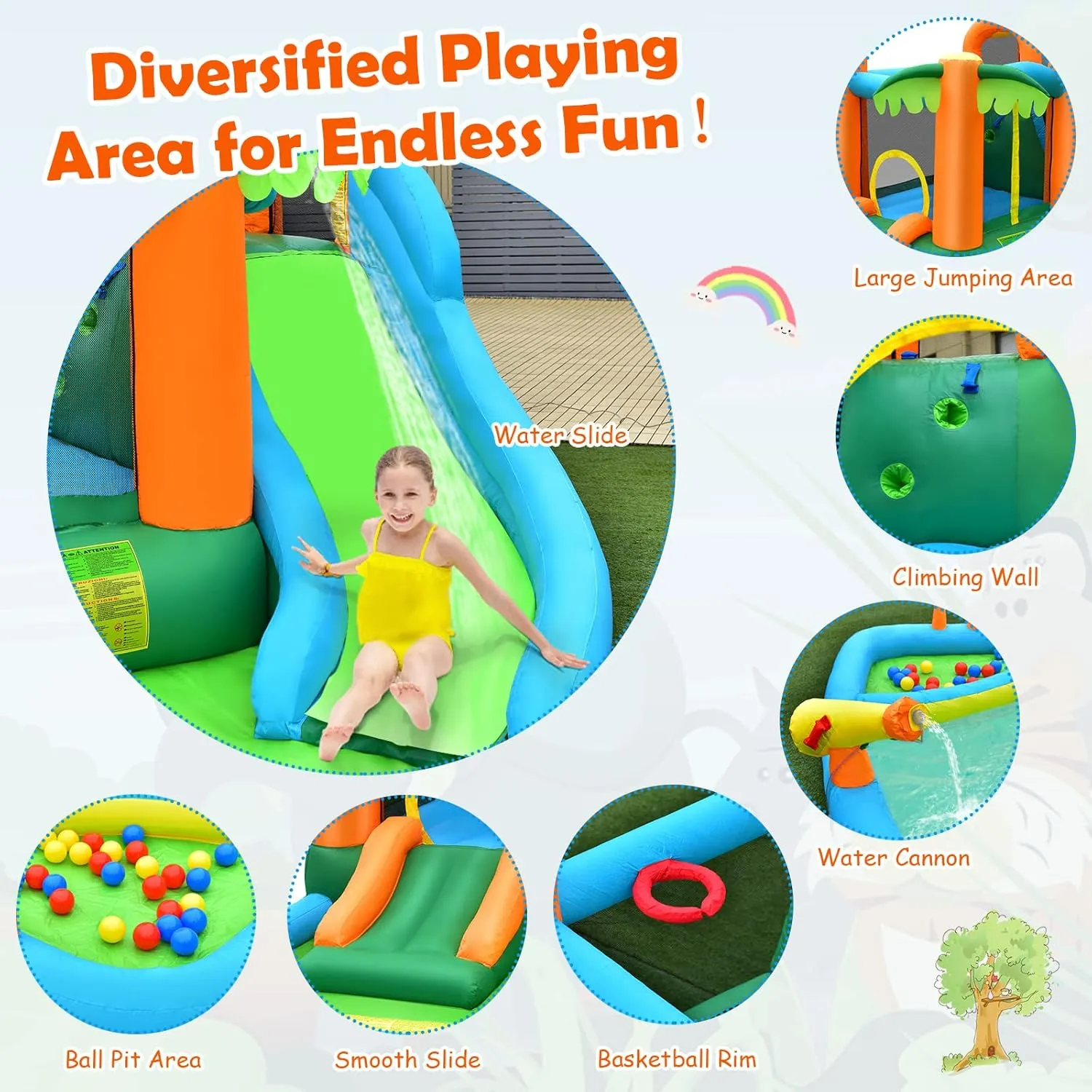 HONEY JOY Inflatable Water Slide, 7 in 1 Giant Water Park Bouncy House for Outdoor Backyard, Climbing Wall, Jungle Outdoor Blow up Water Slides Inflatables for Kids and Adults(Without Blower)