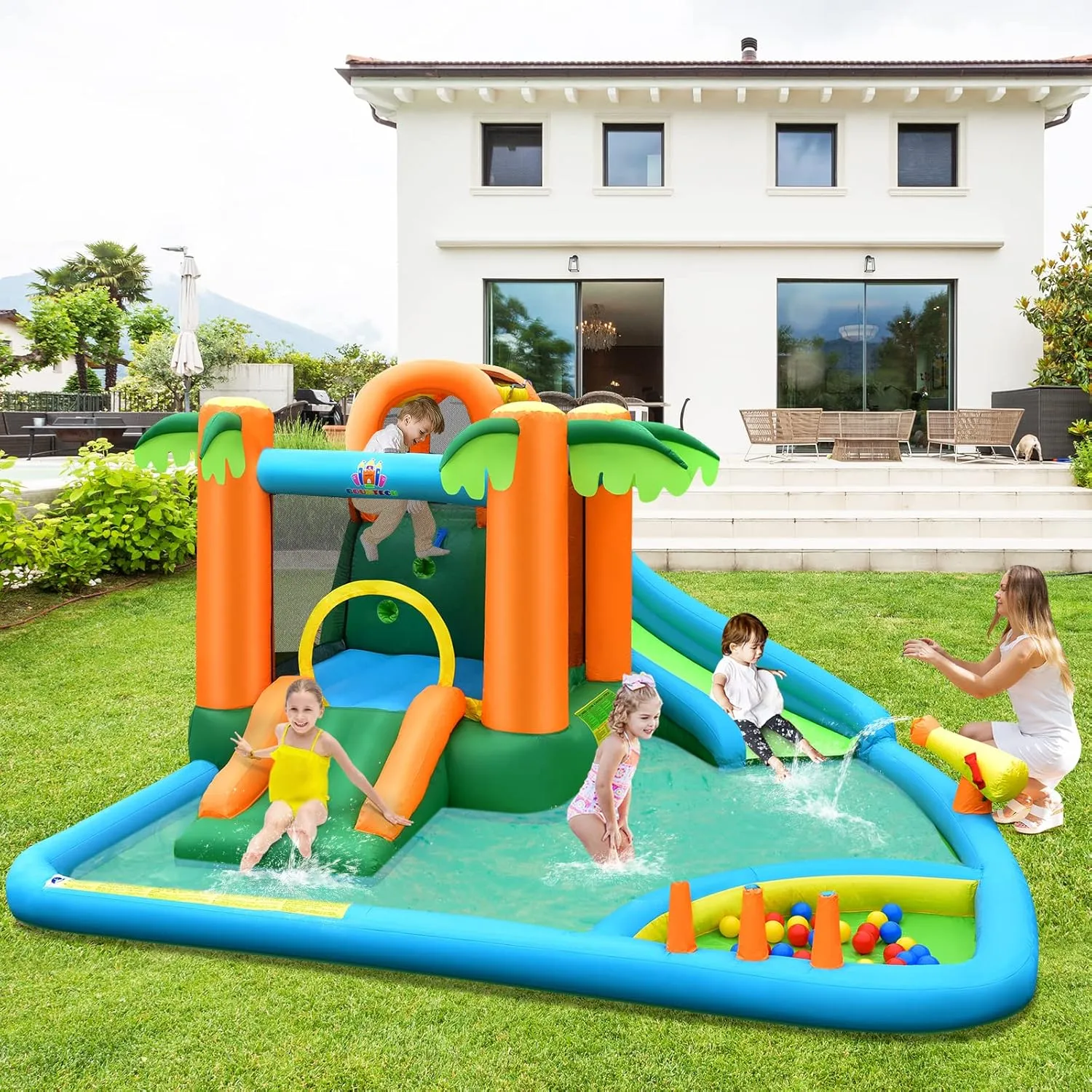 HONEY JOY Inflatable Water Slide, 7 in 1 Giant Water Park Bouncy House for Outdoor Backyard, Climbing Wall, Jungle Outdoor Blow up Water Slides Inflatables for Kids and Adults(Without Blower)