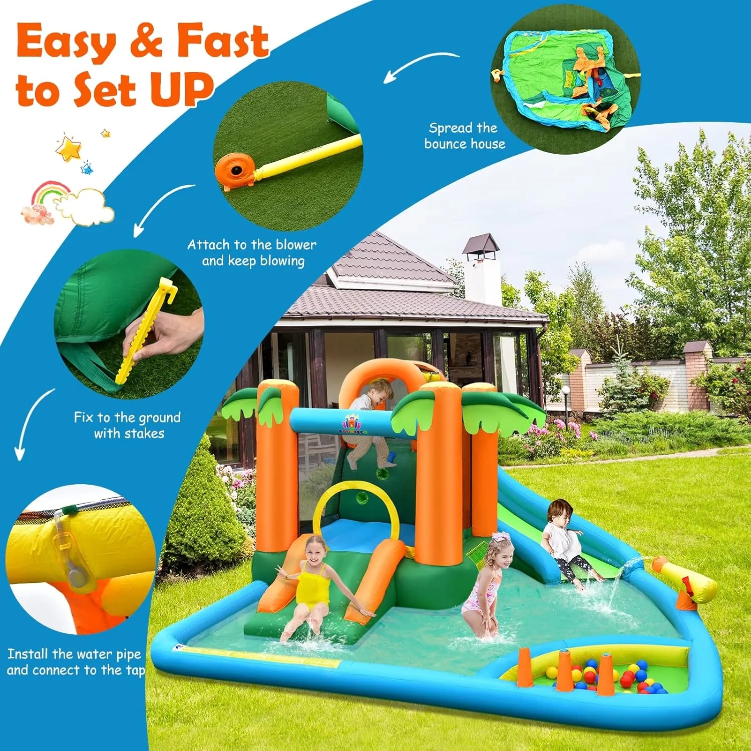 HONEY JOY Inflatable Water Slide, 7 in 1 Giant Water Park Bouncy House for Outdoor Backyard, Climbing Wall, Jungle Outdoor Blow up Water Slides Inflatables for Kids and Adults(Without Blower)