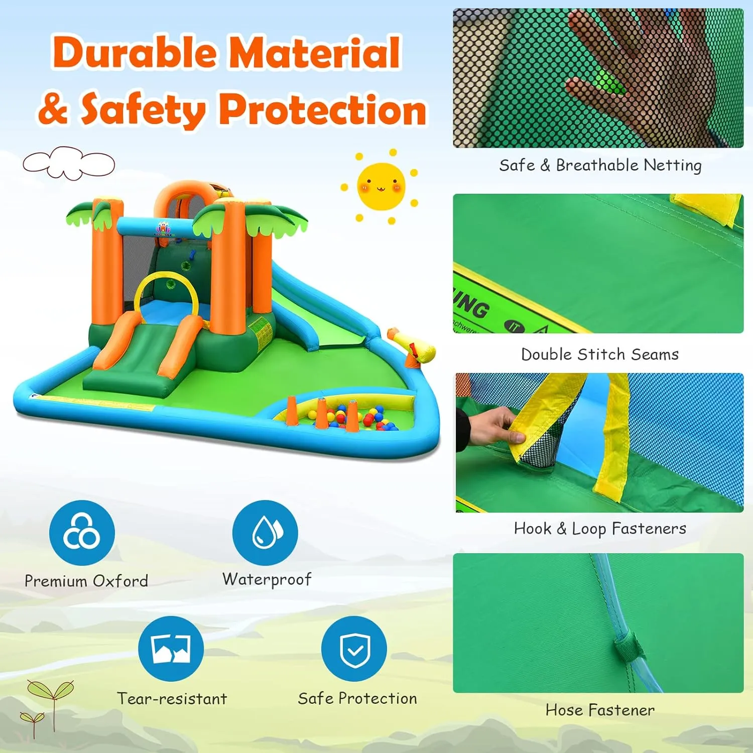 HONEY JOY Inflatable Water Slide, 7 in 1 Giant Water Park Bouncy House for Outdoor Backyard, Climbing Wall, Jungle Outdoor Blow up Water Slides Inflatables for Kids and Adults(Without Blower)