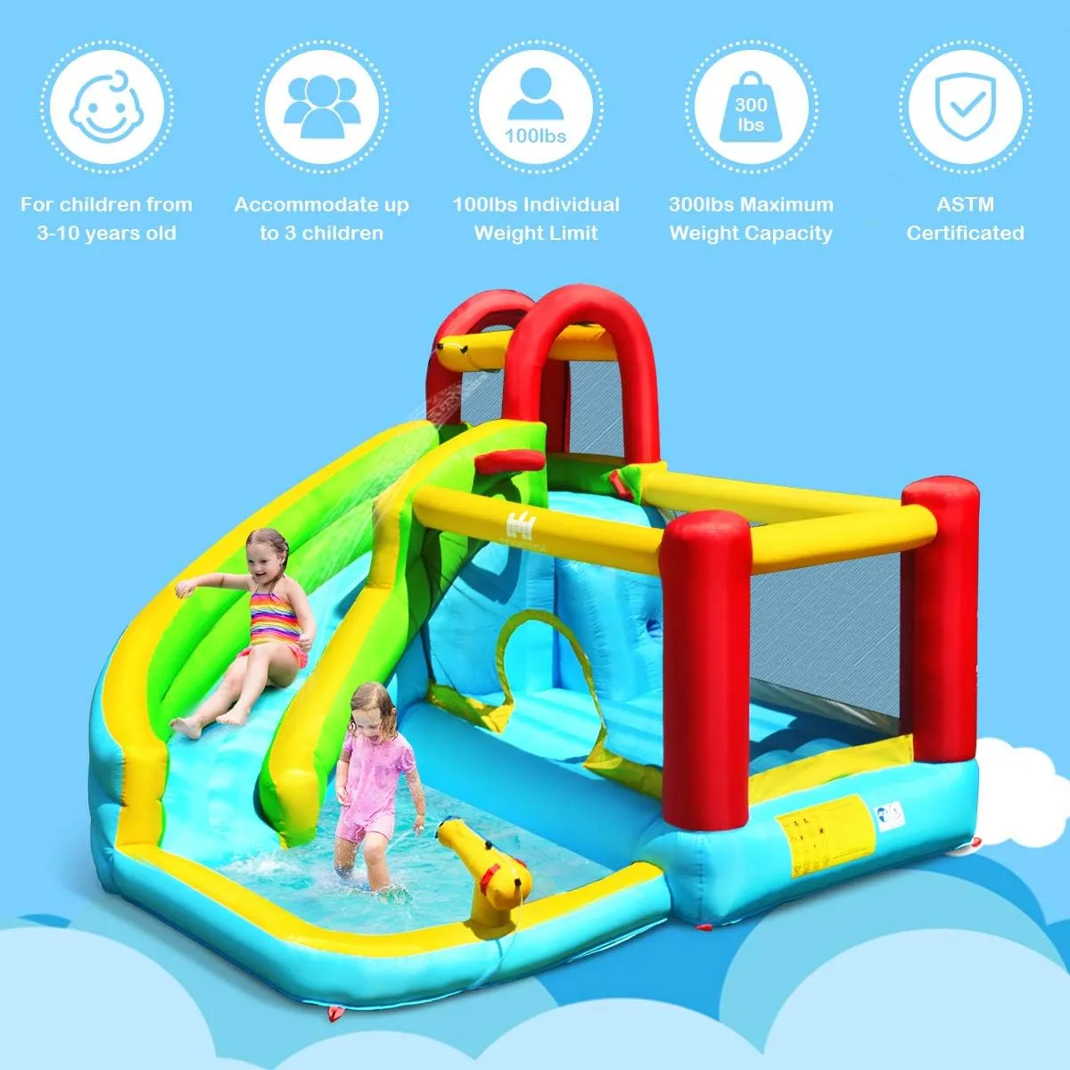 HONEY JOY Inflatable Water Slide & Park w/Splash Pool, Climbing Wall, Indoor/Outdoor Blow up Water Slide for Kids & Adults