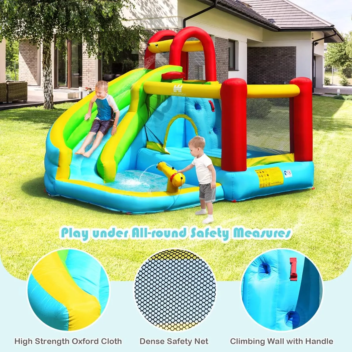 HONEY JOY Inflatable Water Slide & Park w/Splash Pool, Climbing Wall, Indoor/Outdoor Blow up Water Slide for Kids & Adults