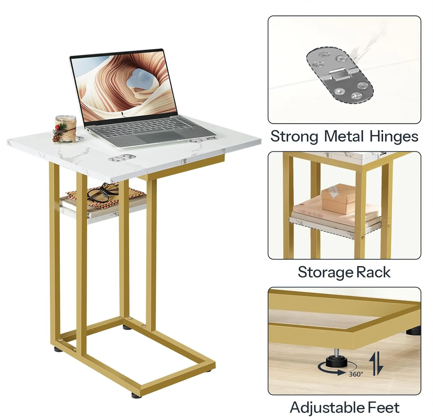 HOOBRO Foldable End Table, Gold C Shaped Side Table with Storage Shelf, Small Snack Table Suitable for Living Room Bedroom Small Spaces, Easy Assembly, Gold and Marble DM29SF01