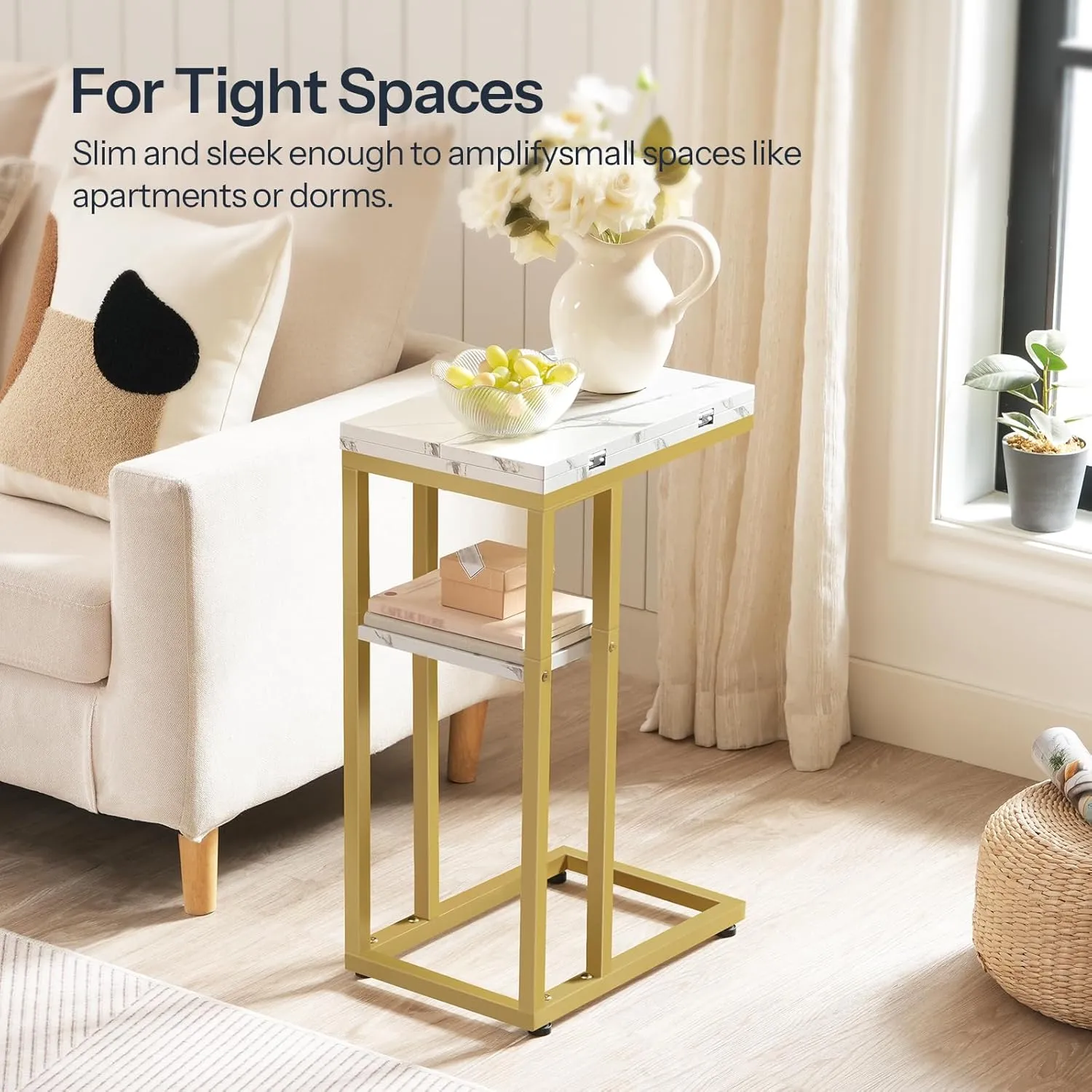 HOOBRO Foldable End Table, Gold C Shaped Side Table with Storage Shelf, Small Snack Table Suitable for Living Room Bedroom Small Spaces, Easy Assembly, Gold and Marble DM29SF01