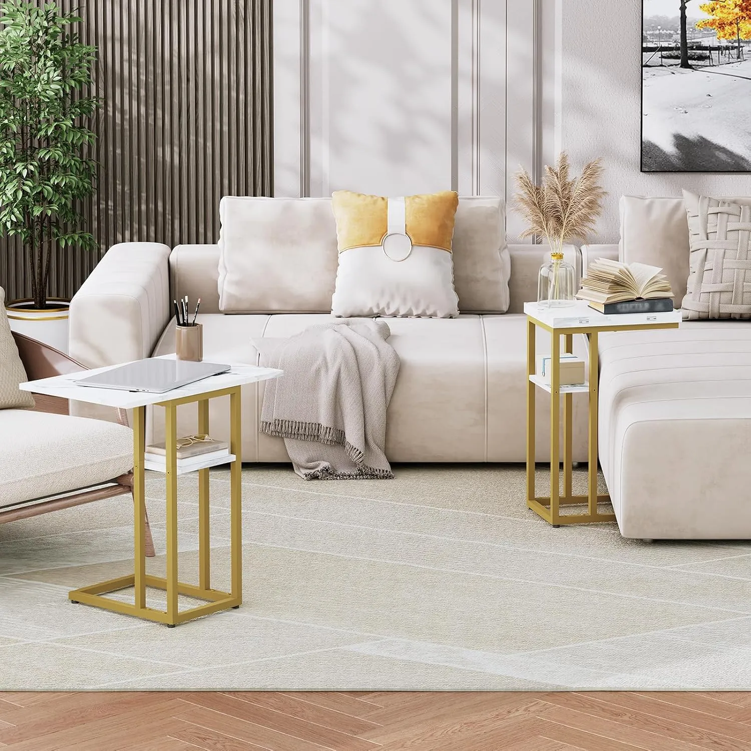 HOOBRO Foldable End Table, Gold C Shaped Side Table with Storage Shelf, Small Snack Table Suitable for Living Room Bedroom Small Spaces, Easy Assembly, Gold and Marble DM29SF01