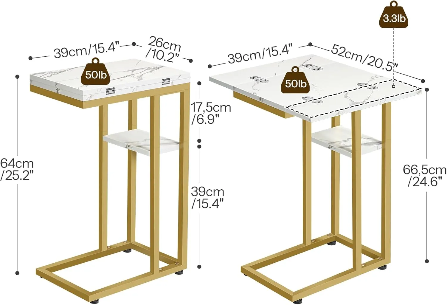 HOOBRO Foldable End Table, Gold C Shaped Side Table with Storage Shelf, Small Snack Table Suitable for Living Room Bedroom Small Spaces, Easy Assembly, Gold and Marble DM29SF01