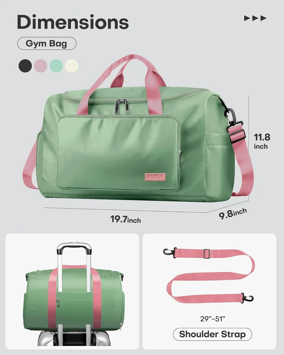 HOTOR Gym Bag for Men and Women - Travel Duffle Bag with Shoe Compartment and Waterproof Pocket, Carry on Luggage with Trolley Sleeve for Sports, Weekend Trips, Green, 19.7" × 9.8" × 11.8"